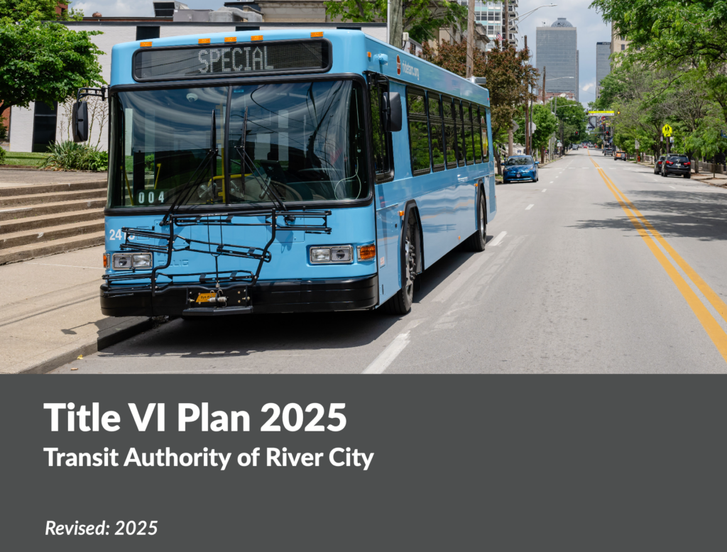A blue city bus labeled “Special” parked on a street; graphic text reads "Title VI Plan 2025, Transit Authority of River City, Revised: 2025.